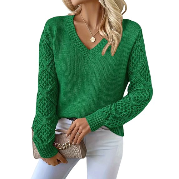 Women V Neck Knit Hollow Openwork Lantern Long Sleeve Ribbed Cuff Loose Fit Knit Pullover Sweater Green M