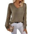 thumbnail image 1 of Women V Neck Knit Hollow Openwork Lantern Long Sleeve Ribbed Cuff Loose Fit Knit Pullover Sweater Pickled Vegetable XL, 1 of 8