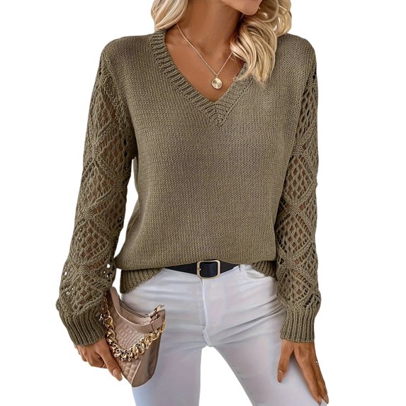 Women V Neck Knit Hollow Openwork Lantern Long Sleeve Ribbed Cuff Loose Fit Knit Pullover Sweater Pickled Vegetable XL