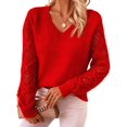 thumbnail image 1 of Women V Neck Knit Hollow Openwork Lantern Long Sleeve Ribbed Cuff Loose Fit Knit Pullover Sweater Red S, 1 of 8