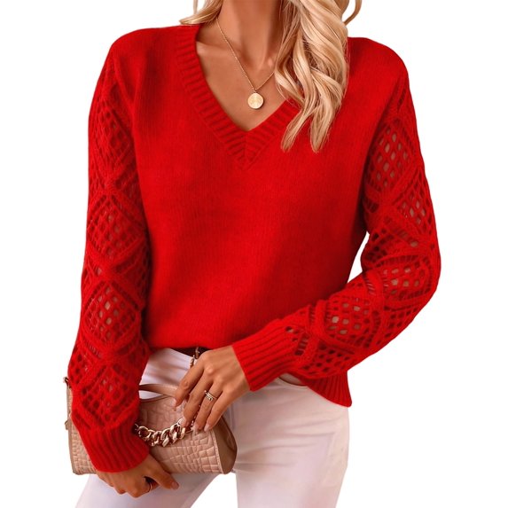 Women V Neck Knit Hollow Openwork Lantern Long Sleeve Ribbed Cuff Loose Fit Knit Pullover Sweater Red S
