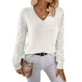 thumbnail image 1 of Women V Neck Knit Hollow Openwork Lantern Long Sleeve Ribbed Cuff Loose Fit Knit Pullover Sweater White L, 1 of 8