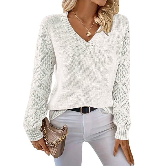 Women V Neck Knit Hollow Openwork Lantern Long Sleeve Ribbed Cuff Loose Fit Knit Pullover Sweater White L