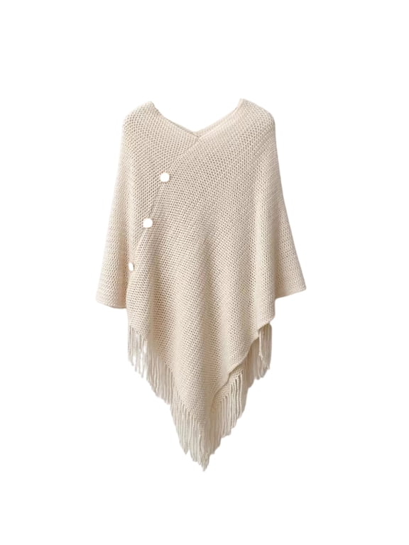 Women V Neck Knit Poncho Shawl, Fringe Asymmetric Cape with Side Decor Buttons