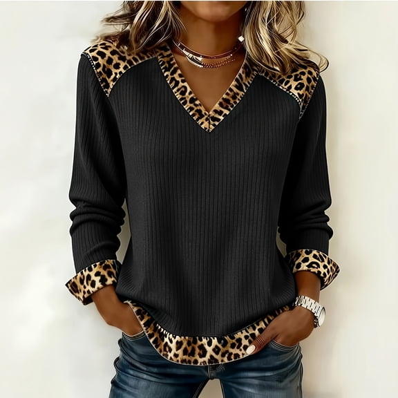 Women V Neck Leopard Print Patchwork Long Sleeve Top Casual Work Fall Winter Shirts