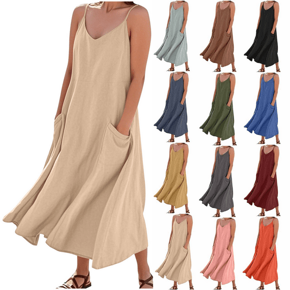 Women V Neck Long Dress Khaki-Adjustable Suspender with Adjustment Buckle Solid Color Sleeveless Dress with Pockets 2XL