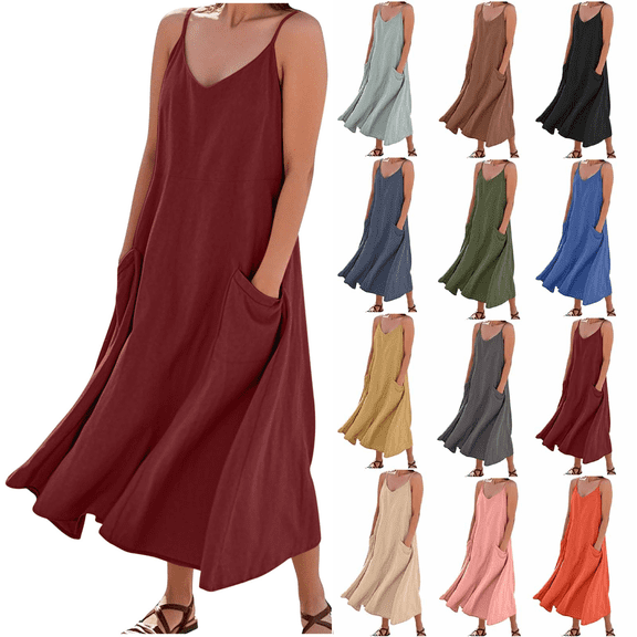 Women V Neck Long Dress Wine-Adjustable Suspender with Adjustment Buckle Solid Color Sleeveless Dress with Pockets 2XL