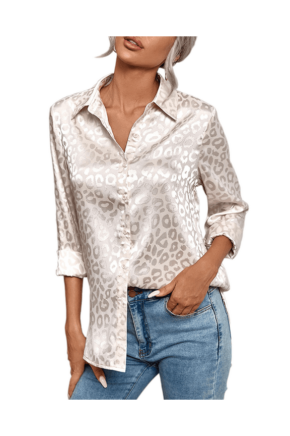 Women V Neck Long Sleeve Button Down Satin Office Dress Shirt Leopard High Low Hem Button Work Blouse