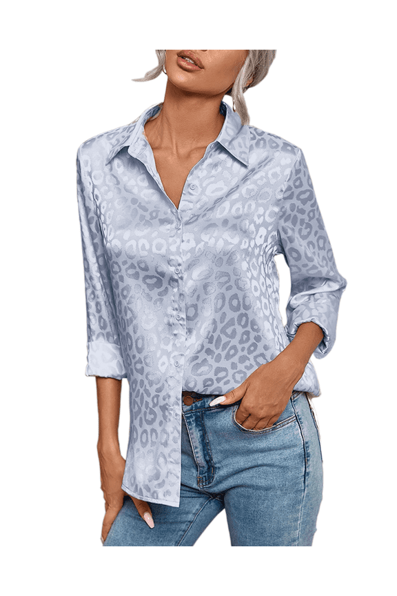 Women V Neck Long Sleeve Button Down Satin Office Dress Shirt Leopard High Low Hem Button Work Blouse