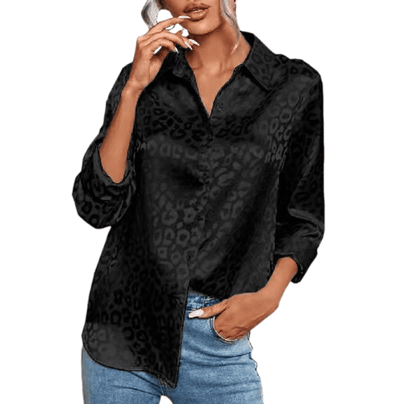 Women V Neck Long Sleeve Button Down Satin Office Dress Shirt Leopard High Low Hem Button Work Blouse