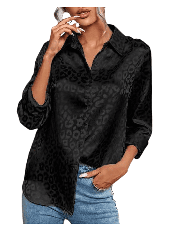 Women V Neck Long Sleeve Button Down Satin Office Dress Shirt Leopard High Low Hem Button Work Blouse