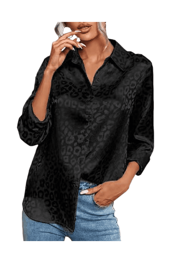 Women V Neck Long Sleeve Button Down Satin Office Dress Shirt Leopard High Low Hem Button Work Blouse