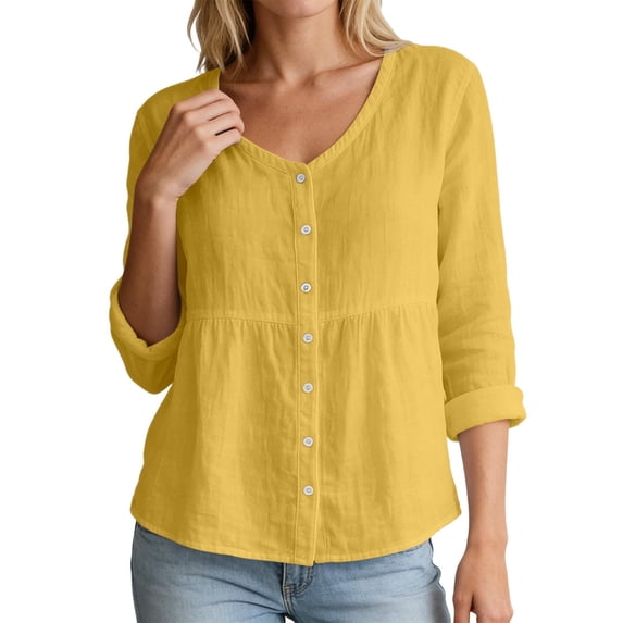 Women V Neck Long Sleeve Button Down Shirt Loose Casual Top,Yellow,S