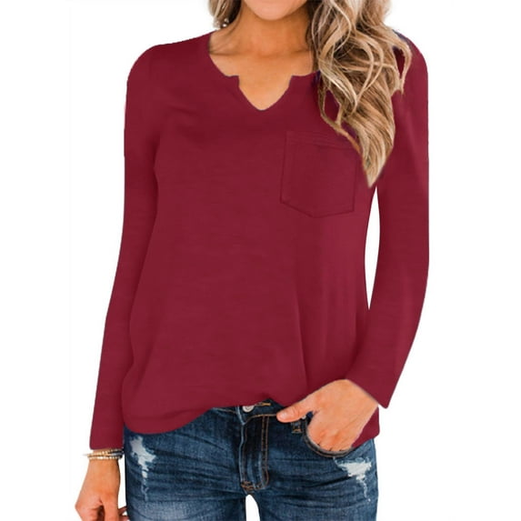 Women V Neck Long Sleeve Front Pocket T-Shirt