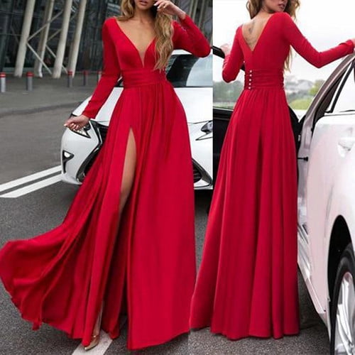 Women V Neck Long Sleeve Maxi Dress Split Evening Cocktail Party