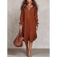 thumbnail image 1 of Women V Neck Long Sleeve Midi Dress Ruffle Hem Loose Fit Woven Dress for Resort Vacation Casual Daily, 1 of 5