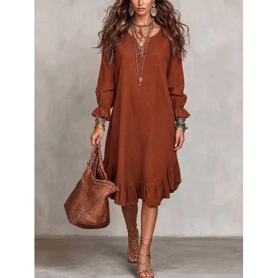 Women V Neck Long Sleeve Midi Dress Ruffle Hem Loose Fit Woven Dress for Resort Vacation Casual Daily