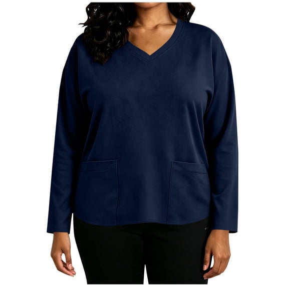 Women V Neck Long Sleeve Plus Size Scrub Tops Solid Color Loose Pocket Work Shirts Full Length Sleeve Casual Nursing Uniform Blouses for Medical Caregivers Navy