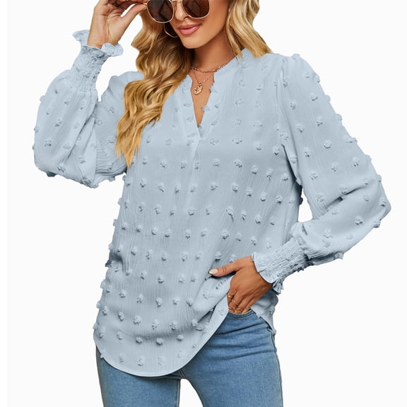 Women V Neck Long Sleeve Shirts Autumn Fashionable Puff Sleeve Shirred Cuff Dot Design Women Loose Blouses Tops Light Blue XXL