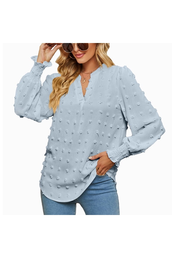 Women V Neck Long Sleeve Shirts Autumn Fashionable Puff Sleeve Shirred Cuff Dot Design Women Loose Blouses Tops Light Blue XXL