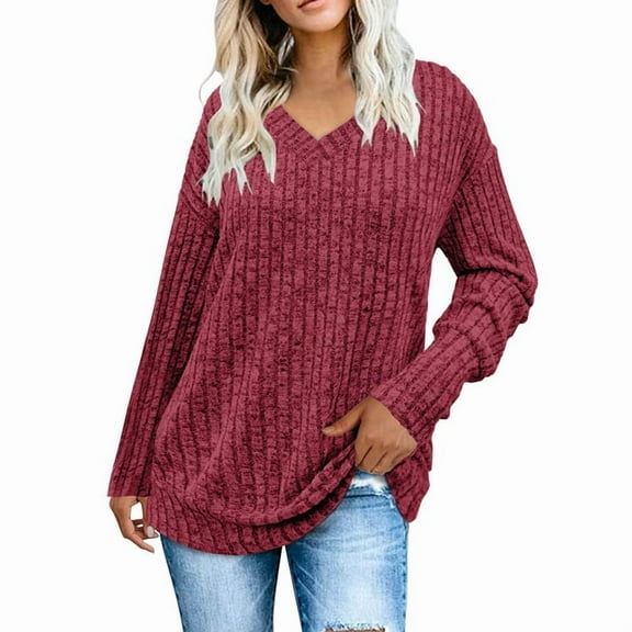 Women V Neck Long Sleeve Shirts Casual Fall Tops Light-Weight Tunic Sweaters Fashion Tops 2025 Wine Red XL