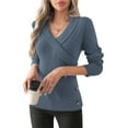 thumbnail image 1 of Women V Neck Long Sleeve Sweaters Criss -Wrap Ruched Pullover Fall Tops Navy Blue L, 1 of 6