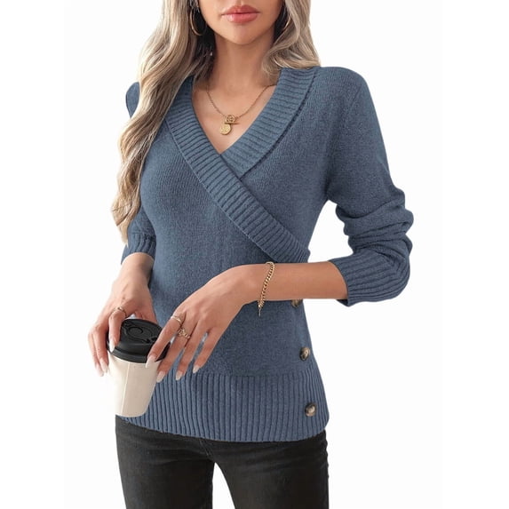 Women V Neck Long Sleeve Sweaters Criss -Wrap Ruched Pullover Fall Tops Navy Blue L