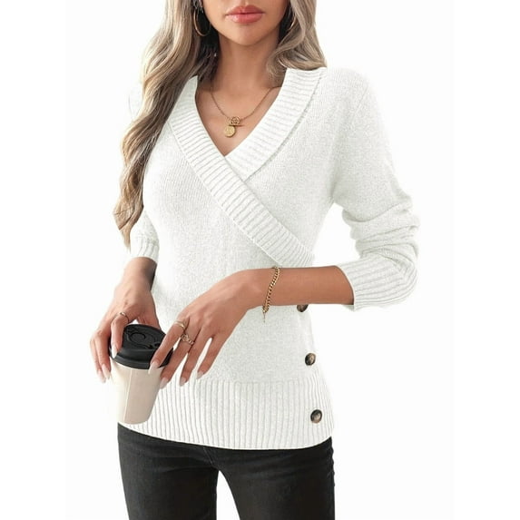Women V Neck Long Sleeve Sweaters Criss -Wrap Ruched Pullover Fall Tops White L