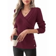thumbnail image 1 of Women V Neck Long Sleeve Sweaters Criss -Wrap Ruched Pullover Fall Tops Wine Red M, 1 of 6