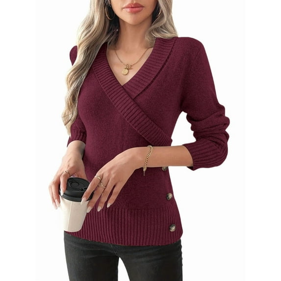 Women V Neck Long Sleeve Sweaters Criss -Wrap Ruched Pullover Fall Tops Wine Red M