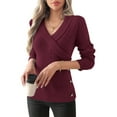 thumbnail image 1 of Women V Neck Long Sleeve Sweaters Criss -Wrap Ruched Pullover Fall Tops Wine Red XL, 1 of 8