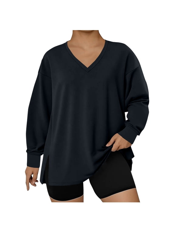 Women's V‑Neck Long Sleeve Side Split Loose Fit Casual Top Black 3XL