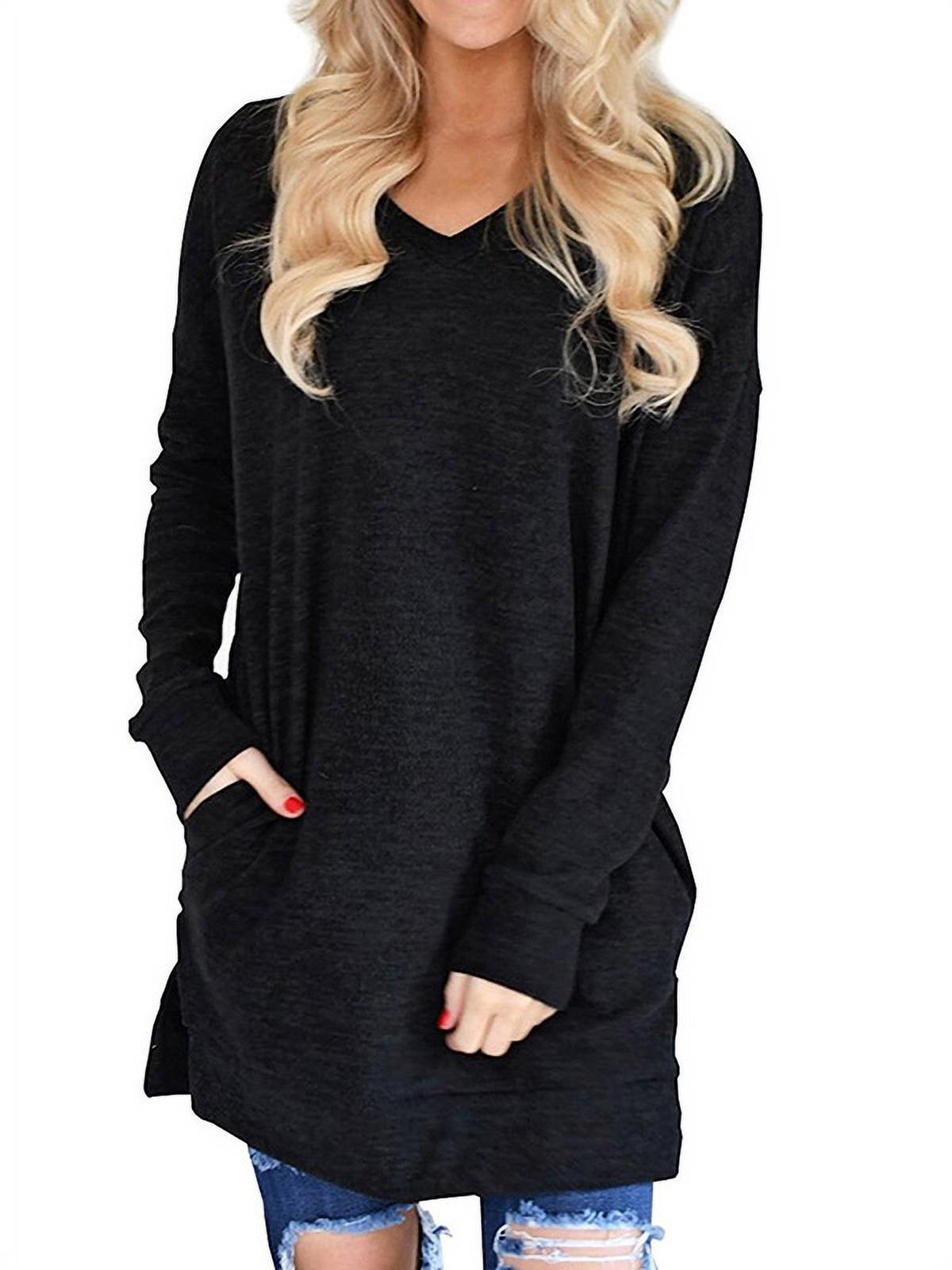 Women V-Neck Long Sleeves Pure Color Pocket Top - image 1 of 6