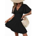 thumbnail image 1 of Women V Neck Mini Dress Summer Ruffle Sleeves A Line Elastic High Waist Flowy Swing Dresses Black XL, 1 of 7