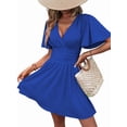 thumbnail image 1 of Women V Neck Mini Dress Summer Ruffle Sleeves A Line Elastic High Waist Flowy Swing Dresses Blue XL, 1 of 7