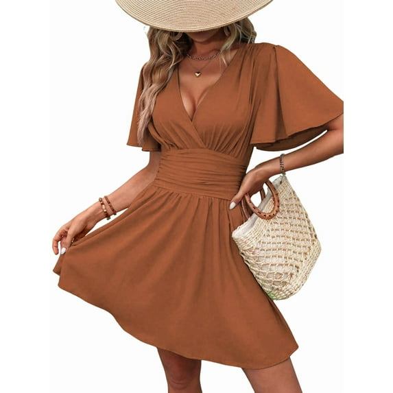 Women V Neck Mini Dress Summer Ruffle Sleeves A Line Elastic High Waist Flowy Swing Dresses Caramel Color XL