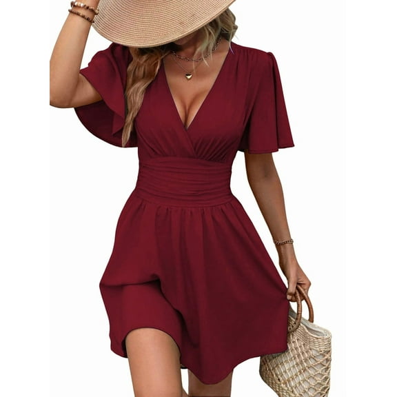 Women V Neck Mini Dress Summer Ruffle Sleeves A Line Elastic High Waist Flowy Swing Dresses Wine Red L
