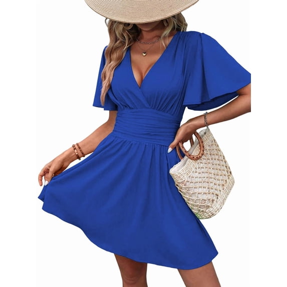Women V Neck Mini Dress Summer Ruffle Sleeves A Line Elastic High Waist Flowy Swing Dresses