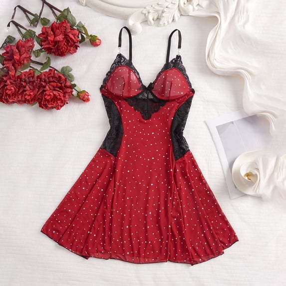 Women V Neck Nightwear Satin Sleepwear Lace Chemise Mini Nightgown Wine XL