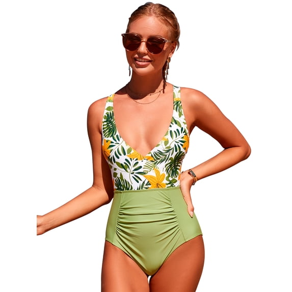 Women V Neck One Piece Swimsuit Lace Up Back and Ruched Tummy Control Vintage Sexy Monokini, Womens Bathing Suit