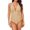 thumbnail image 1 of Women V Neck One-piece Swimsuit Halter Backless Ruched Tummy Control Bathing Suit, 1 of 3