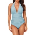 thumbnail image 1 of Women V Neck One-piece Swimsuit Halter Backless Ruched Tummy Control Bathing Suit, 1 of 3