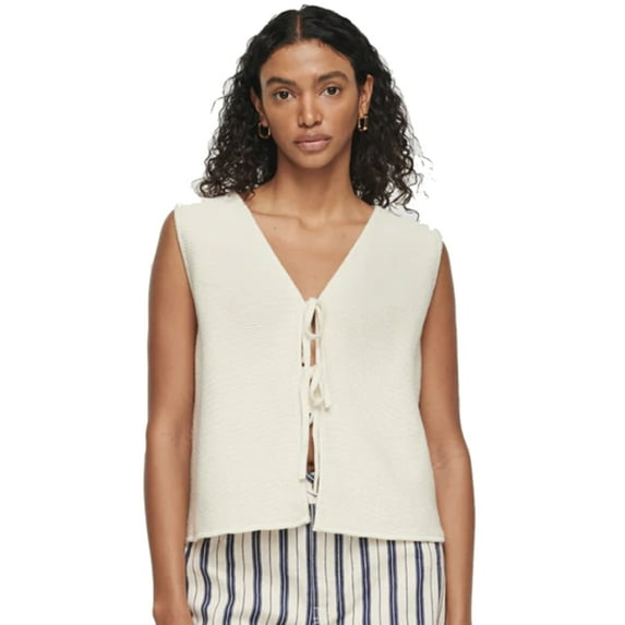 Women V Neck Open Front Tie Up Sweater Crop Tanks Top Elegant Solid Color Striped Sleeveless Knit Vest Top Outwear