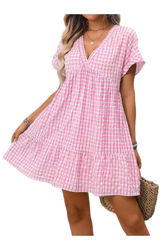Women V Neck Plaid Flowy Babydoll Dresses Summer Short Sleeve Swing Shift Loose Casual Summer Mini Tunic Dress Pink M