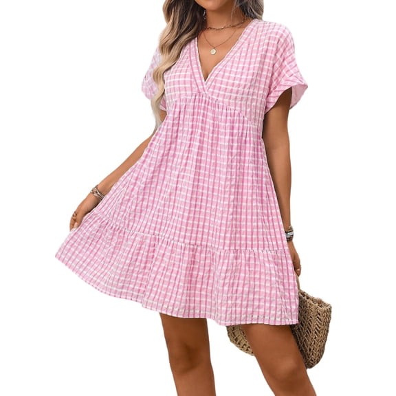 Women V Neck Plaid Flowy Babydoll Dresses Summer Short Sleeve Swing Shift Loose Casual Summer Mini Tunic Dress Pink M