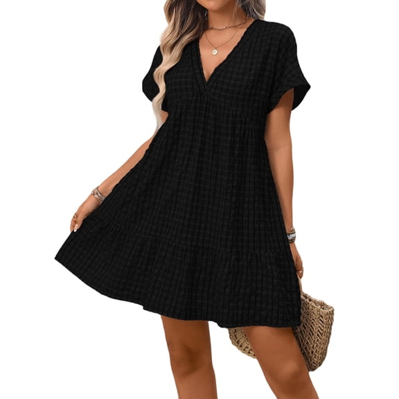 Women V Neck Plaid Flowy Babydoll Dresses Summer Short Sleeve Swing Shift Loose Casual Summer Mini Tunic Dress