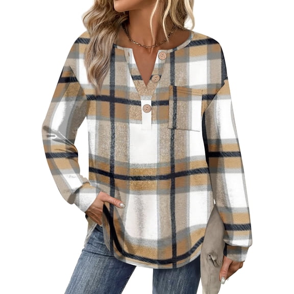 Women V Neck Plaid Oversized Pullover Sweatshirts Casual Loose Fall Button Down Long Sleeve Shirts Khaki S