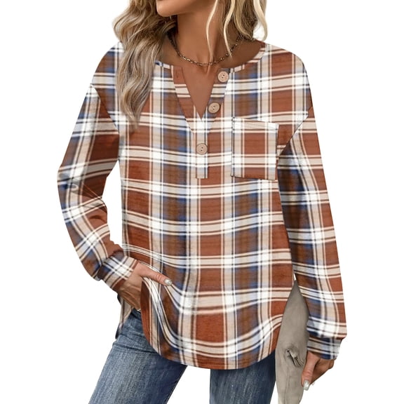Women V Neck Plaid Oversized Pullover Sweatshirts Casual Loose Fall Button Down Long Sleeve Shirts Light Brown S