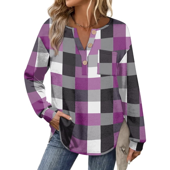 Women V Neck Plaid Oversized Pullover Sweatshirts Casual Loose Fall Button Down Long Sleeve Shirts Purple S