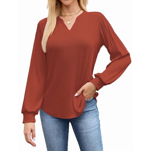 Women V Neck Pleated Puff Sleeve Tunic Tops Orange S